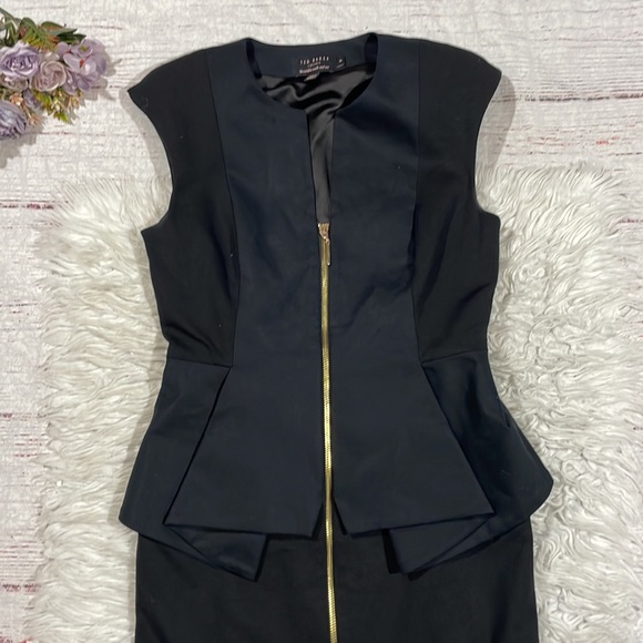 Ted Baker Jamthun Structured Peplum Full Zip Front Pencil Dress Black - Picture 6 of 11